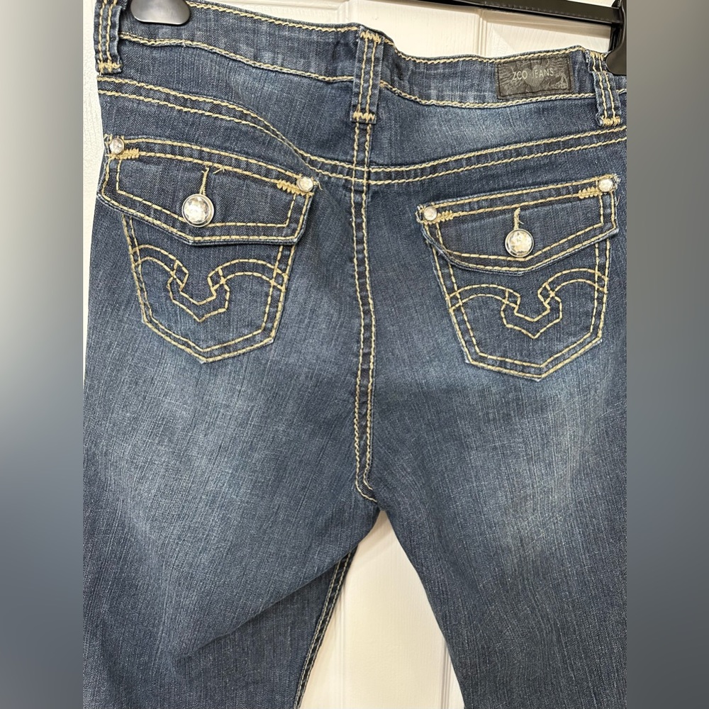 ZCO Blue Jeans Cropped Baggy Rhinestone Accents Denim Button Closure Plus SZ 16 - Picture 2 of 9